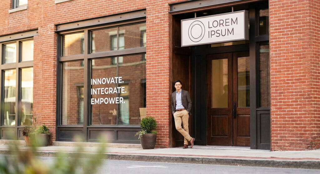 Business owner with generic branding on storefront