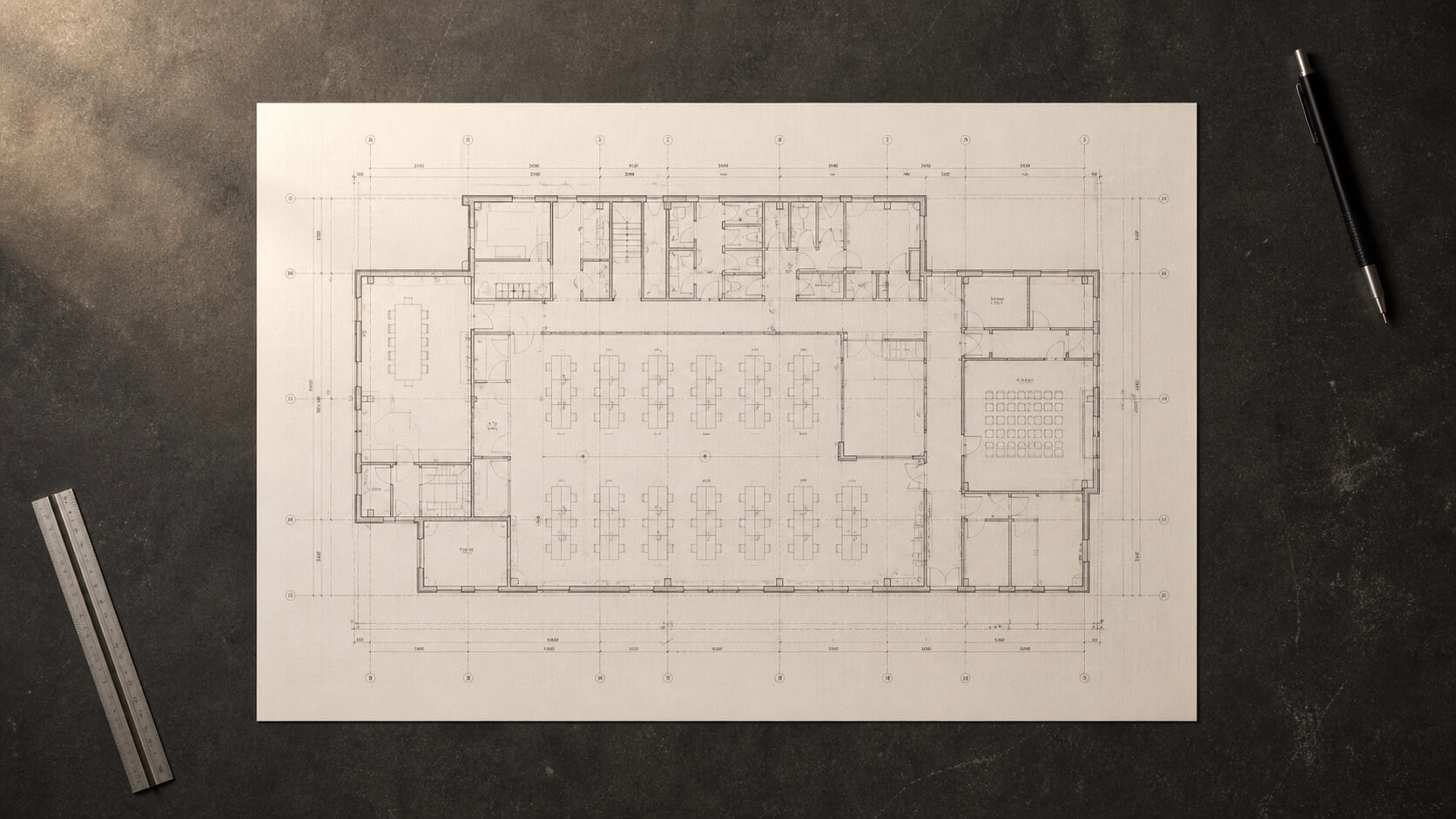 Commercial building blueprint laid flat on a dark architect's desk